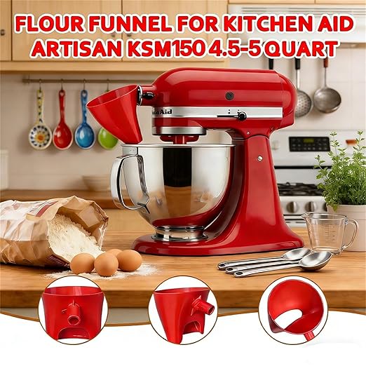 Flour Funnel for Kitchen Aid Mixer, Stand Mixer Attachment, Easy Pour No-Mess Attachment, Anti-Splash Accessory, Durable Dishwasher-Safe Baking Tool (Black)