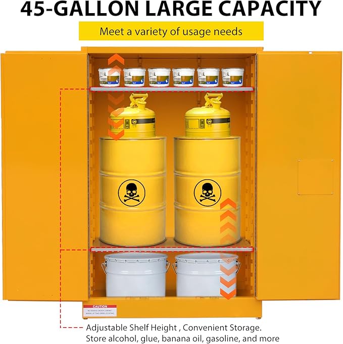 45 Gal Flammable Safety Cabinet, 43" x 18" x 65" Galvanized Steel Industrial Flammable Liquid Storage Cabinet with Adjustable Shelves, Fireproof Double-Wall Design, Manual Close Doors