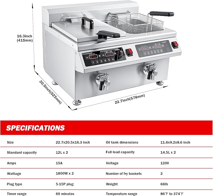 EGGKITPO Induction Fryer 24L Dual Tank Deep Fryer with Basket and Lid Countertop Electric Fryer with Timer and Oil Drain Stainless Steel Commercial Fryer for Large Restaurant and Business 120V 3600W