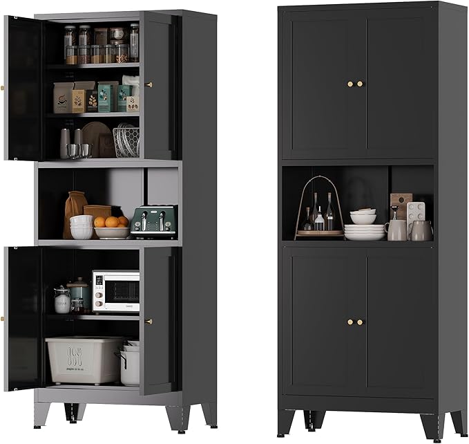 Metal Storage Cabinet, 69" Tall Bathroom Cabinets with 4 Doors & 3 Adjustable Shelves Large Cupboard, Black Metal Pantry Cabinets for Kitchen, Home Office, Garage, Warehouse