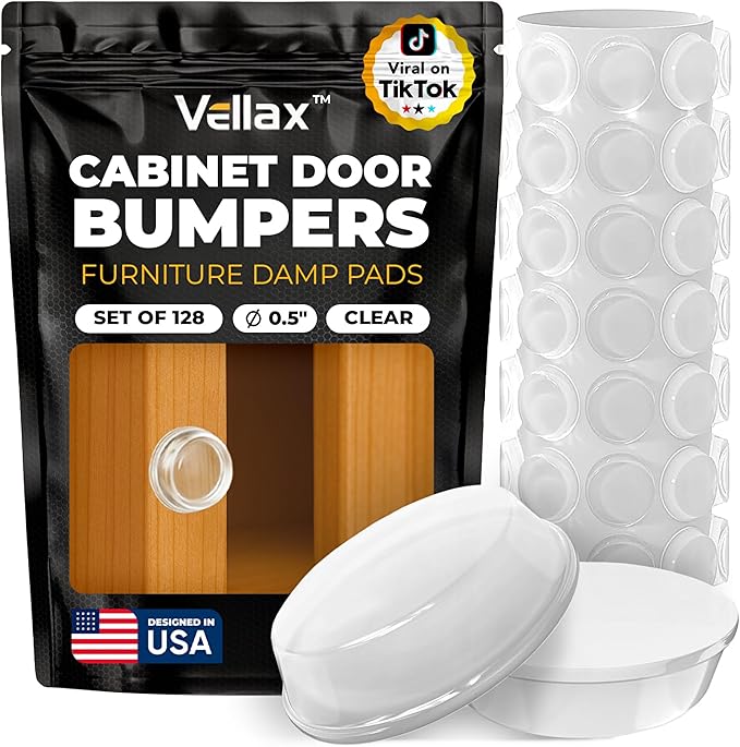 128 Clear Cabinet Door Bumpers - 1/2 Inch Self Adhesive Rubber Stoppers for Drawers, Damp Pads Cupboards, Cutting Boards, Glass Tops, Picture Frames - Vellax