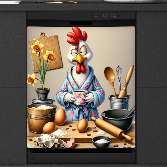 Dishwasher Magnet Cover Funny Rooster Flower Front Dishwasher Cover Decoration Reusable Magnetic Door Cover Panel Decal Home Appliances Stickers Kitchen Refrigerator Fridge 23"x26"