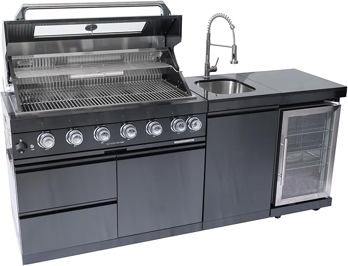 82 Inch Natural Gas Outdoor Kitchen Island with Grill - 6-Burner 85000 BTU, Height-Adjustable Infrared Rear Burner, Built-in Sink/Refrigerator/Wine Cooler, Granite Countertops & Rotisserie Kit