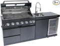 82 Inches 6-Burner 85000 BTU Deluxe Stainless Steel Propane Gas Outdoor Kitchen Bar Barbecue Island Grill, Wine Cooler Compact Refrigerator, Granite Countertops, Stainless Steel Sink, Black