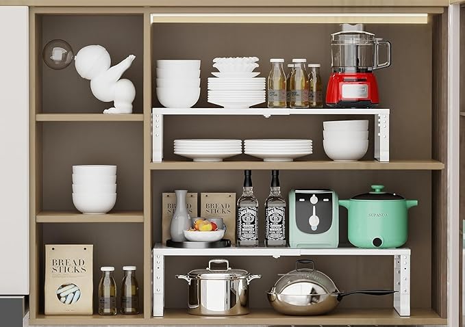 Expandable Cabinet Shelf Organizer Storage Spice Rack Shelves for Kitchen Stackable Adjustable Pantry Cupboard Bathroom Countertop Desktop(2Packs/White/Medium)