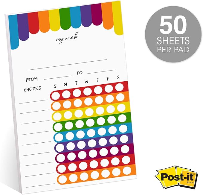 Cheerful Rainbow Weekly Chore Chart / 6" x 10" Sticky Note Fill in Task List/Engaging Week Assignment List