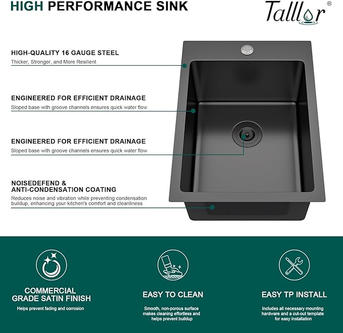 Black Bar Sink with Faucet - 15 Inch Drop In Bar Sink 16 Gauge Stainless Steel Topmount Gunmetal Black Single Bowl Small Prep Sinks with Accessories for Kitchen Bars, RV, Small Space #TLT-0032