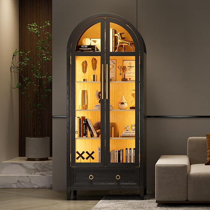 Lvifur 73" Tall Arched Display Cabinet with Glass Doors,4-Tier Curio Cabinets with 3 Color Lights for Collectibles,LED Storage Cabinet with Human Body Sensor,Ajustable Shelf for Toys, Books,Black