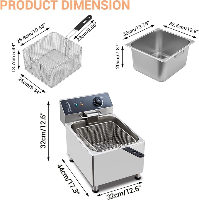 11L Electric Deep Fryer with Basket & Oil Separator Plate, 1700W, Adjustable Temperature, Oil Drain Valve for Easy Cleaning, Stainless Steel for Home & Commercial Use