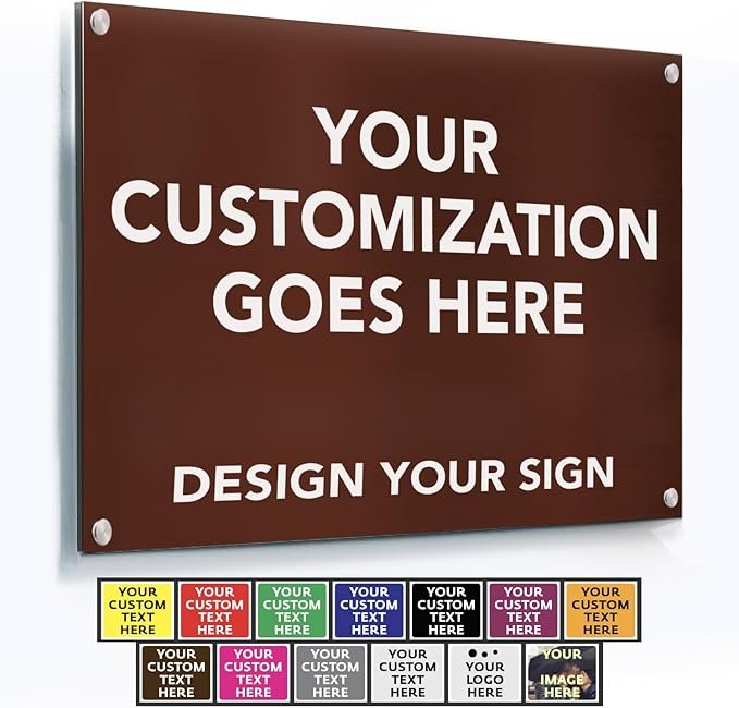 SPEEDYOOKS Custom Outdoor Metal Sign, Personalized Aluminum, Customized Safety, Business, Waterproof - White Aluminum (Brown Background, 12x8 In)