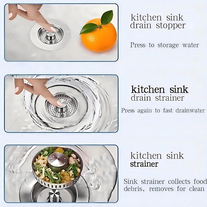 1Count 3-in-1 Kitchen Sink Drain Strainer & Stopper - SUS 304 Stainless Steel Pop Up Plug with Anti-Clog Basket & Odor Prevention, Fits US Standard 3-1/2'' Drain Hole