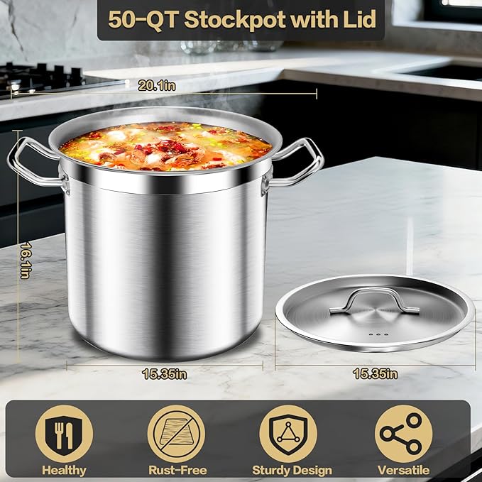 Stainless Steel Stockpot – 50QT Stock Pot with Lid, Heavy-Duty Tri-Ply Bottom Cooking Pot for Canning, Boiling Beer Brewing, Soup, Seafood Boil – Satin Finish Stainless Steel Soup Pots