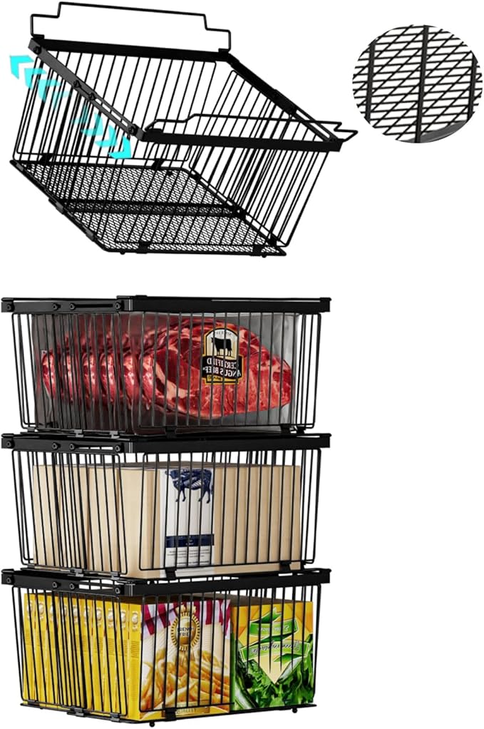 Large Freezer Organizer Bins，Upgraded Bottom Leak-Proof net，Fit 5 to 9 Cu Ft Chest Freezer，4 Pack， Expandable Stackable Chest Freezer Containers with Handle (Black--4Pack)
