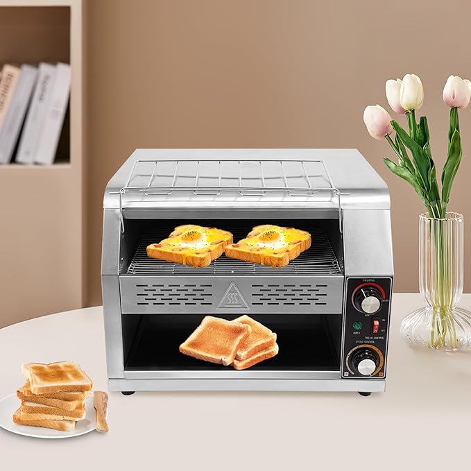2400W Stainless Steel Countertop Bread Oven, Commercial Toaster Conveyor with Three Heating Modes & 7-Level Speed Control, 450 Slices/h, Rotating Toasters Oven for Toasting Bread, Sandwiches