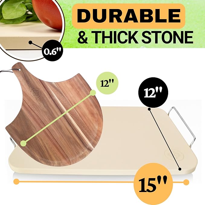 Pizza Stones for Oven and Grill - Pizza Stone with Handles, Wooden Peel and Dough Tool - 15 inch x 12 inch Rectangular Pizza Grill Stone - Baking Stone for Bread - Pizza Making Set