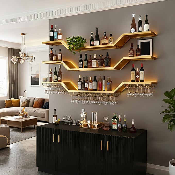 55.1in Modern LED Wine Rack Wall Mounted, 3-Tier Floating Bar Shelves with Wine Glass Rack, Large Hanging Liquor Shelf Wall Mounted, for Home Bar Dining Room Cafe Decorative (Gold, 55.1in/140cm)
