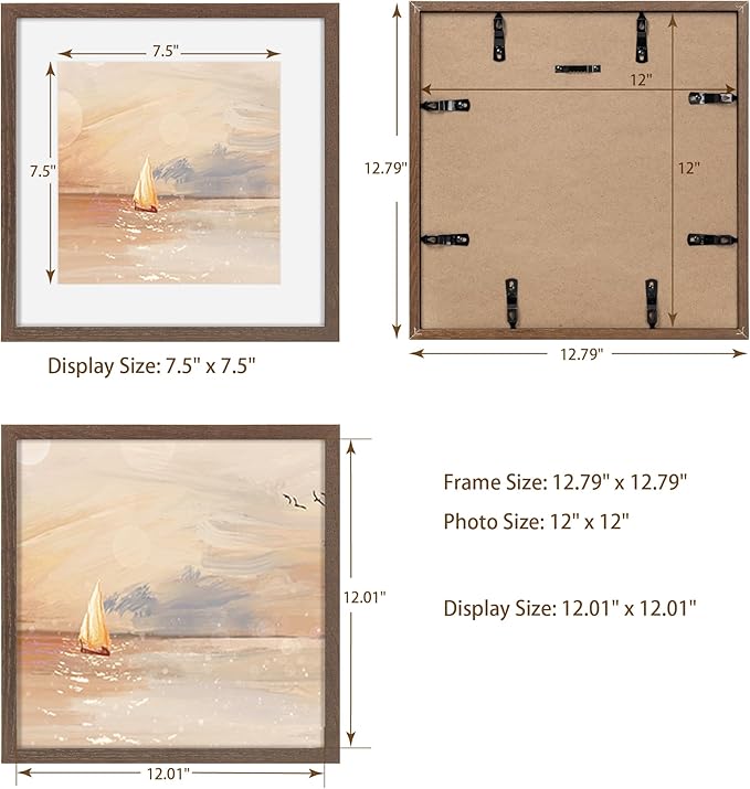 Square 12x12 Picture Frame, Oak Wood Frame 12 by 12, 12"x12" Photo Frames for Wall, 12 x 12 Picture Frame with Mat for 8 x 8, 12x12 Collage Wall Gallery Frame, Tempered Glass - Walnut Color, 1 Pack