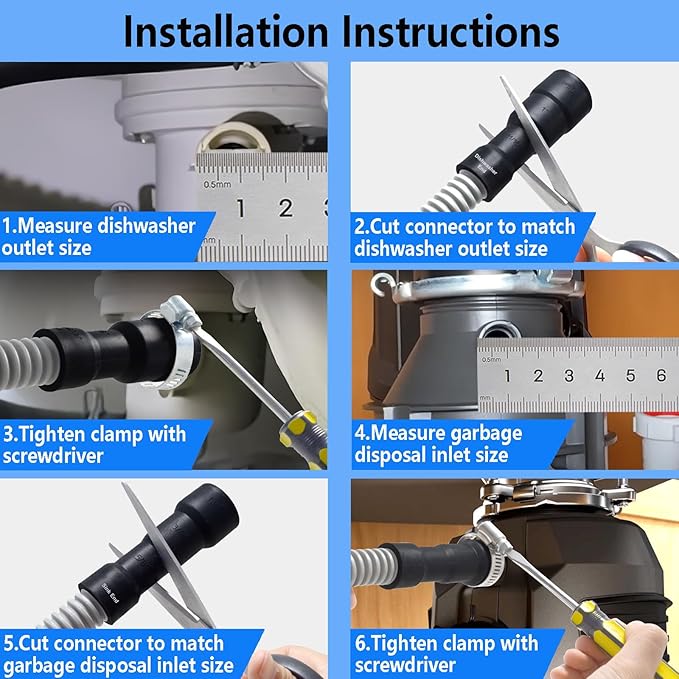 TTFLEX Dishwasher Drain Hose 6 FT, Flexible Discharge Dishwasher Hose with Stainless Steel Clamps, Trim to Fit 11/16", 1", or 1-1/8" Dishwasher End, Fit 5/8", 3/4", or 1" Garbage Disposal/Sink End
