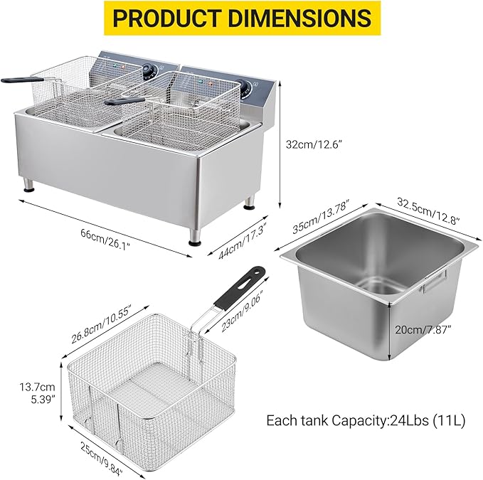 Twin 11L Commercial Deep Fryer | Dual 201 Stainless Steel Tanks with 2 Baskets & Lids | 3400W Total (1700W x 2) 110V for Restaurant & High-Volume Use