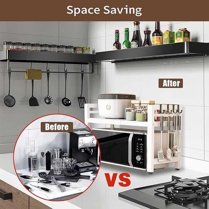 Microwave Oven Rack Expandable Countertop Heavy Duty Microwave Shelf 2-Tier Adjustable Metal Storage Shelf Rack for Kitchen (White)