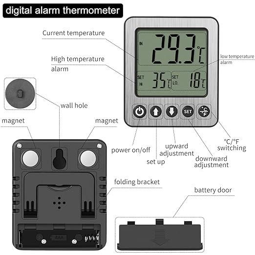 2 pcs Refrigerator Thermometer Freezer Alarm Digital Freezer Thermometer Fridge Thermometer with Extra Sensor high and Low Temperature Alarm (2, Black, ZZ10)