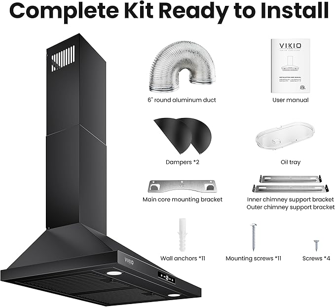 Wall Mount Range Hood 30 inch, 580 CFM Kitchen Vent Hood, Ducted/Ductless Convertible with Touch Control, Stainless Steel Stove Vent Hood, Easy Clean Filter, Black
