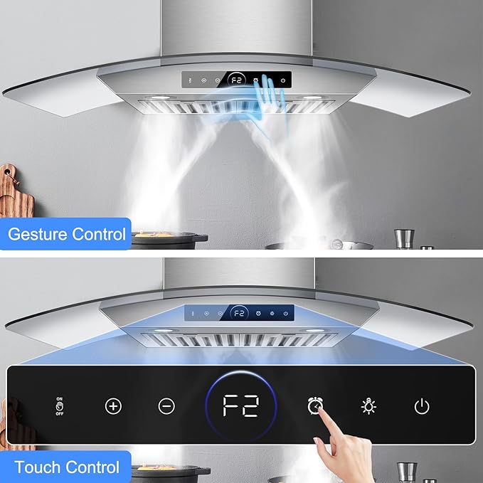 30 inch Wall Mount Range Hood, 1200 CFM with 4-Speed Gesture Sensing & Touch Control, Stainless Steel Kitchen Stove Vent Hoods with 2 LED Lights, Time Setting, Dishwasher-Safe Baffle Filters