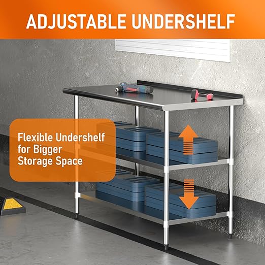 HOCCOT Stainless Steel Table 24" x 48" with 2 Adjustable Undershelves and Backsplash, Commercial Metal Workstations for Kitchen, Garage, Outdoor BBQ