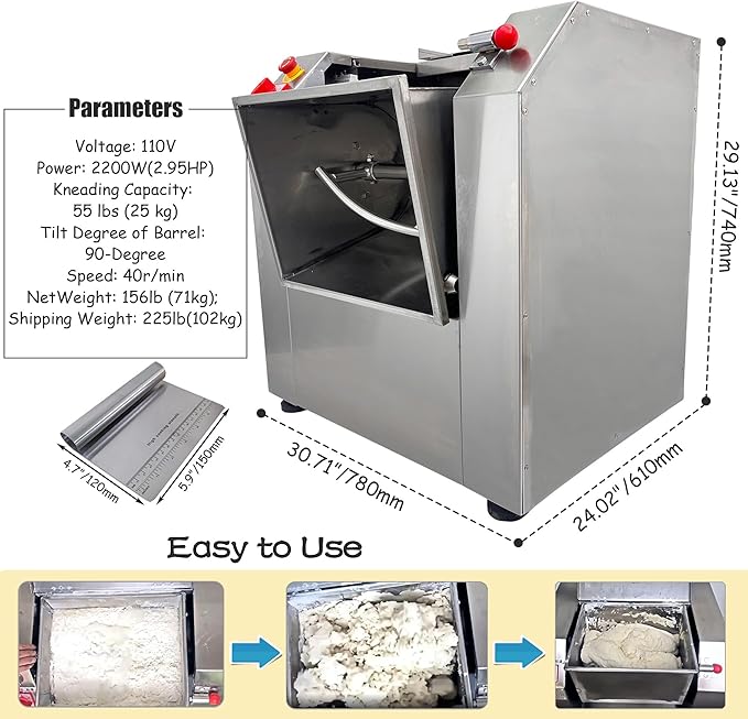 INTSUPERMAI 110V Commercial Dough Mixer Machine 25 KG Kneading Capacity Electric Food Mixer Flour Mixer 2200W/2.95HP for Dough Mixing Kneading