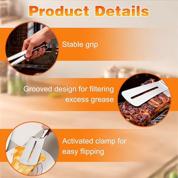 2PCS Stainless Steel Grill Clamp, Anti-Scald Extended Handle Spatula Tong, Steel Double-Sided Shovel Clip For Grilling Meat, Fish And Pancakes (B)