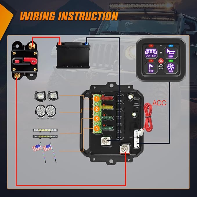 Nilight 4 Gang Switch Panel 12V 24V Universal Circuit Control Relay System with RGB Backlight Fuse Wiring Harness Automatic Dimmable ON Off LED Pod for Car Pickup Truck Camper SUV