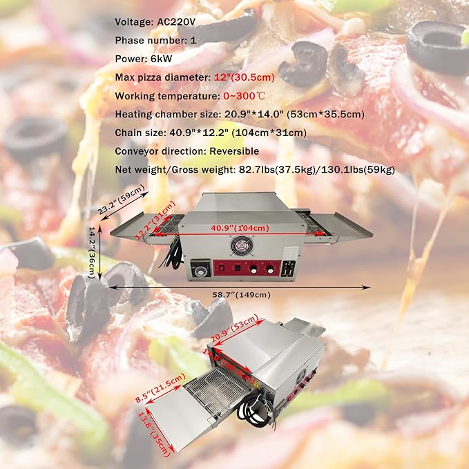 Countertop Pizza Oven Commercial Electric Baking Oven with Chain Type Conveyor for Pizzerias Cafes Fast-food Restaurants 12" Max Pizza Diameter 220V 6KW 1PH