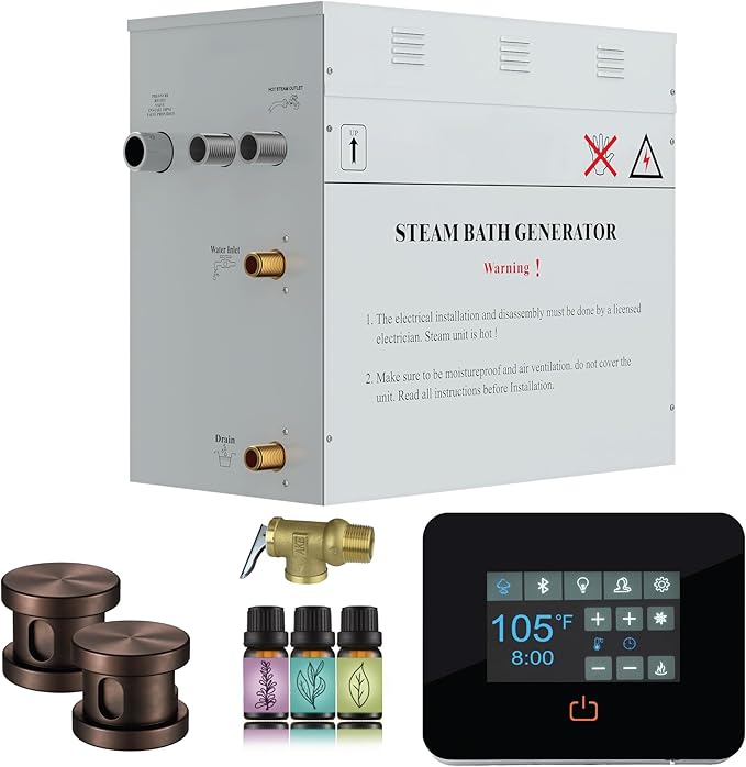 Builders Series 12kW Steam Bath Generator with Quickstart Continuous Steam, Black Digital Touch Pad, Built-in Auto-Drain, and Aroma Steamhead in Oil Rubbed Bronze