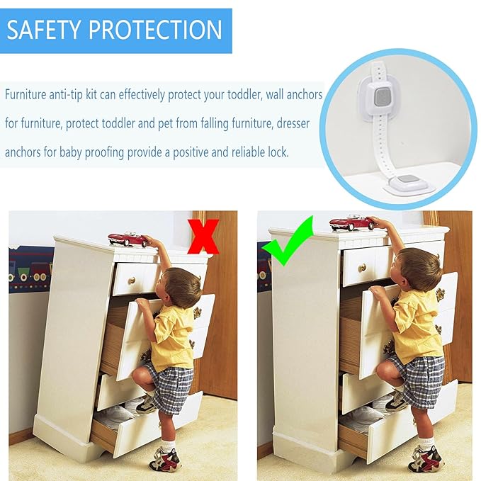 YEYA No Drill Anti Tip Furniture Adjustable Straps Wall Anchors for Baby Proofing with Strong 3M Adhesive Backing (Upgraded 4P)