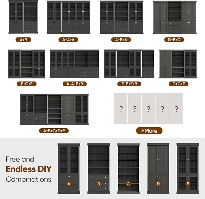 70.8" Bookshelf with Glass Doors, Farmhouse Modular Bookcase with 6-Tier Adjustable Shelves, Large Storage Cabinet for Living Room & Home Office, Set of 3, Black
