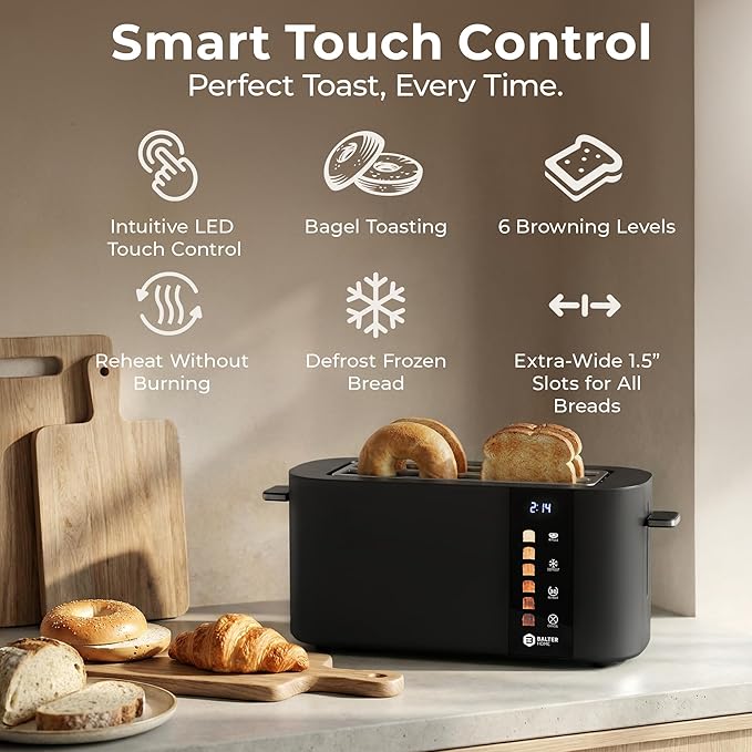 Toaster 4 Slice Wide Slot, Bagel Function, Long Slot, Stainless Steel, Touch Screen, Built-in Rack, Extra-Wide 1.5" Slots for Thick Breads & Bagel, Timer, BPA-Free, Removable Tray, Black