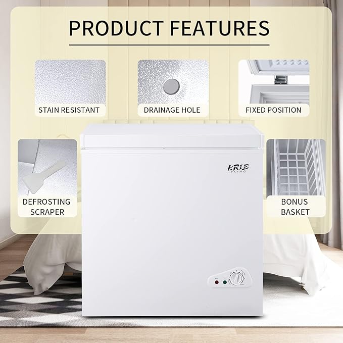 5.0 Cu.Ft Compact Chest Freezer with Removable Basket, Krib Bling Top Door Open Freestanding Deep Freezer with 7 Gears Temperature Adjustment, Ideal for Home, Kitchen & Office, White