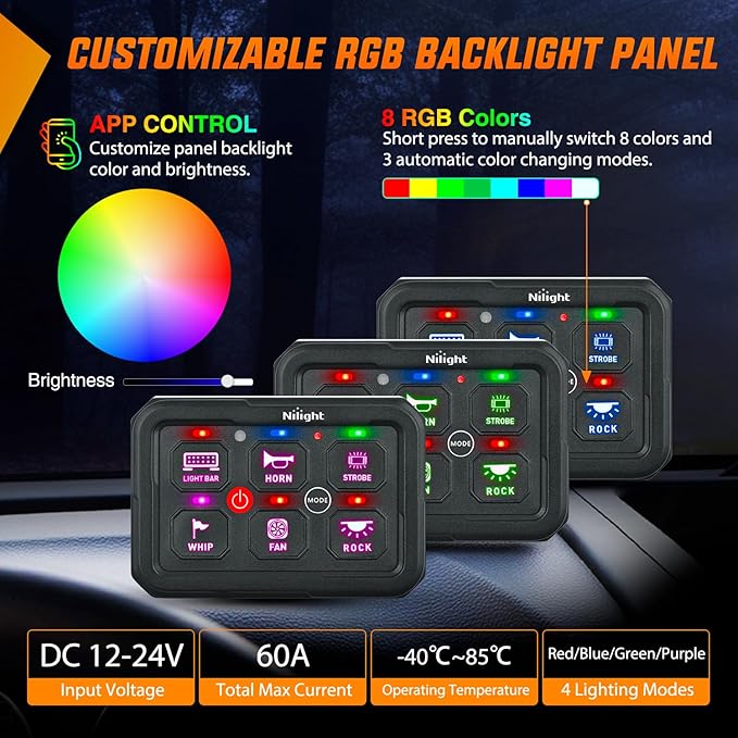 Nilight 6 Gang Switch Panel Circuit Control Relay System APP RGB Backlight Fuse Wiring Harness Toggle Momentary Strobe Flash Modes Automatic Dimmable 12V 24V ON Off Pod for Car Truck Camper SUV