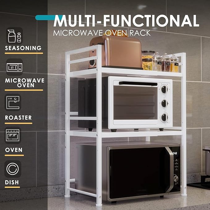 DOLALIKE Microwave Oven Rack, Expandable Microwave Stand Countertop Kitchen Utensils Tableware Storage, Carbon Steel Over Microwave Shelf Countertop 3 Tier with 3 Hooks
