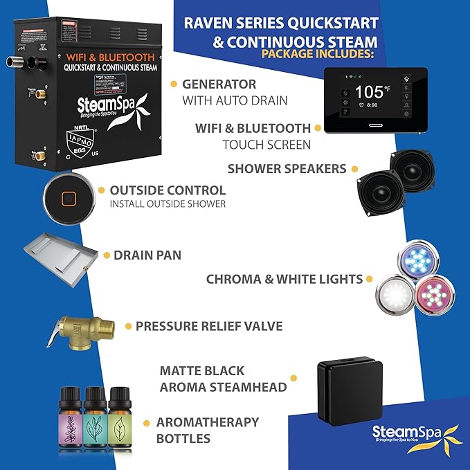 SteamSpa Steam System 6kW Steam Shower Generator with Bluetooth Wifi, Quickstart Continous Steam, Advanced Touch Pad Screen, Chroma Lights, Drain Pan and Auto Drain Black RVBS600BK-A