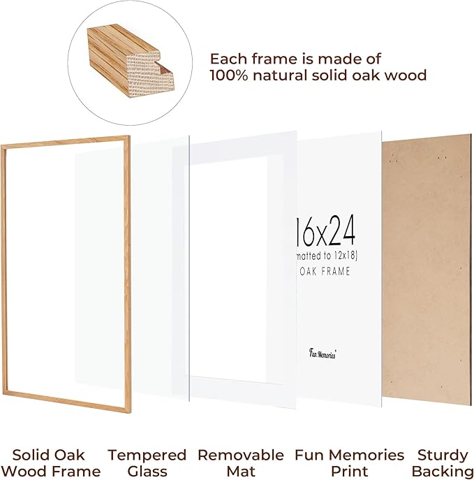 Fun Memories 16x24 Wood Picture Frame, Real Oak Wood 16 x24 Frame for Wall, 16x24 Inch Poster Frame, 16x24 Picture Frame Matted to 12x18, 16 by 24 Wooden Frame, Natural Oak Color, 1 Pack