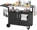 Vongrasig Grill Cart with Storage, Outdoor Bar Cart Rolling BBQ Movable Pizza Oven Table Stand with Foldable Stainless Steel Top & Storage Cabinet, Black