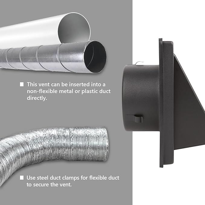 6 Inch Black Dryer Vent Cover Outside Stainless Steel Wall Vent with Removable Cover and Bird Screen Mesh RAL9011