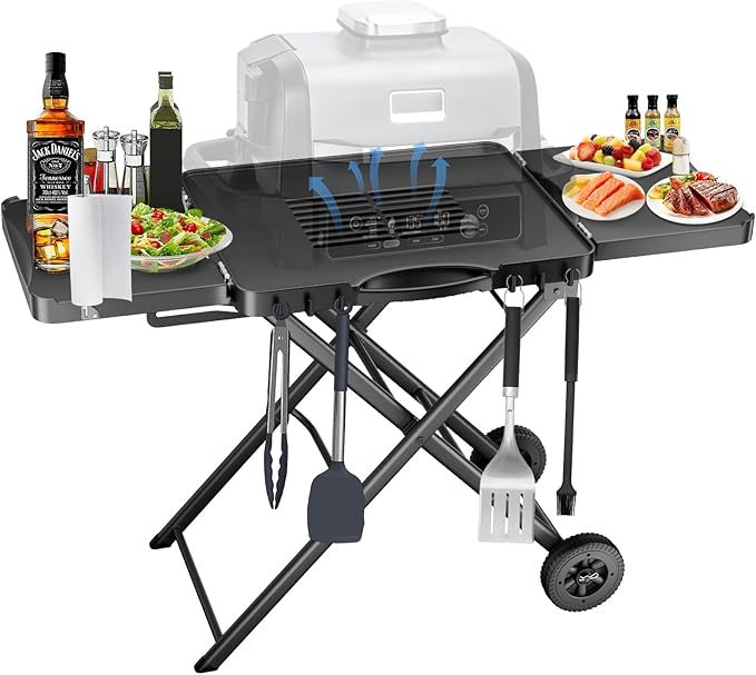 Portable Grill Cart for Ninja Woodfire OG700 OG800 OG900, Blackstone Griddle, for Weber Q100 Q200 Q300, Pizza Oven, Collapsible Grill Stand for Most Portable Grills, Large Surface Grill Trolley