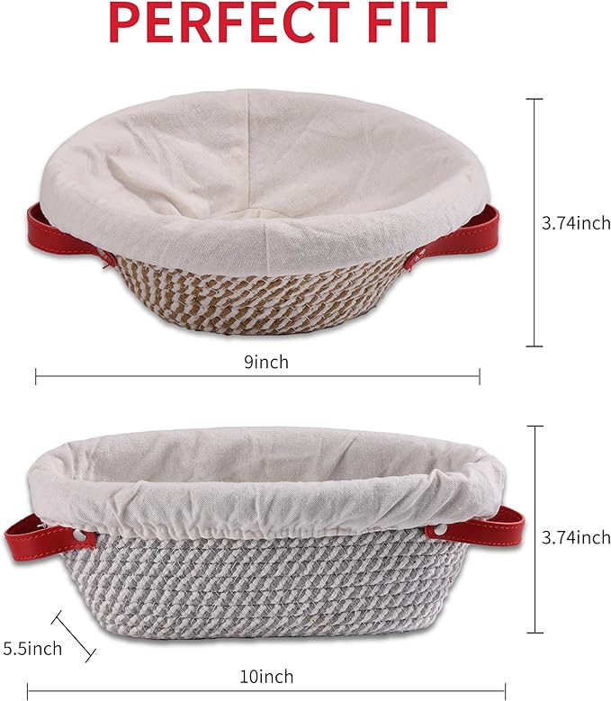 Banneton Bread Proofing Basket - Oval & Round Sourdough Bread Baskets Set - With Liner & Cloth Cover - For Proofing Sourdough Bread & Bread Storage (Grey & Khaki Set) - Cotton Rope