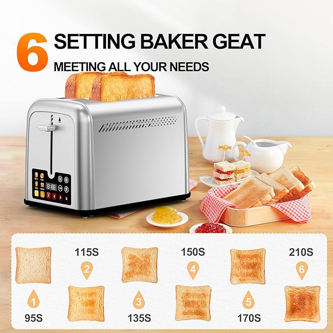 Touch Screen Toaster 2 Slice Retro Stainless Steel,Best Prime 2 Slice Toaster Wide Solt with 6 Shade Settings, Perfect for Waffles, Bagels and More 238TCB(Two slice)