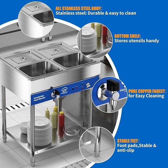 4-Pan Commercial Food Warmer, Electric Steam Table, 120V 1700W Stainless Steel Buffet Catering Food Warmer with Undershelf and Workspace, for Restaurant.