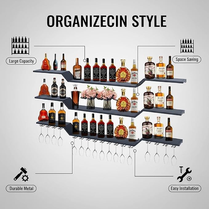 55.1" Wall Mounted LED Wine Rack, 3-Tier Floating Bar Shelves, Large Liquor Shelf with Wine Glass Rack, Large Bar Rack Wall Mounted for Liquor Bottles, Home Bar, Dining Room or Cafe, Gold