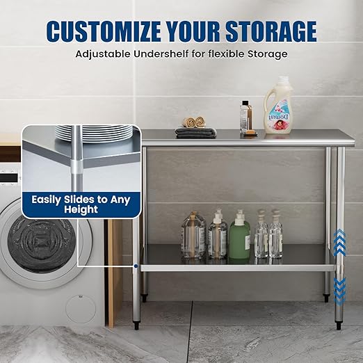 Stainless Steel Work Table 30 x 48 Inch with Adjustable Undershelf, Heavy-Duty Metal Prep Table for Commercial Kitchen & Restaurant, Garage, Outdoor