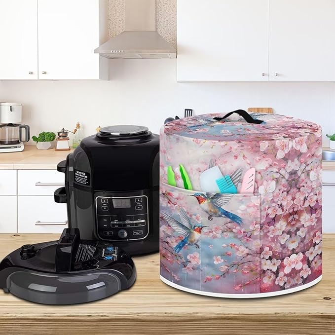 TODIYADDU Birds Cherry Blossoms Dust Cover for Electric Pressure Cooker Waterproof Air Fryer Cover Dust Cover with Storage Pocket and Handle Portable Instant Pot 3 Quart Pressure Cooker Cover Gifts